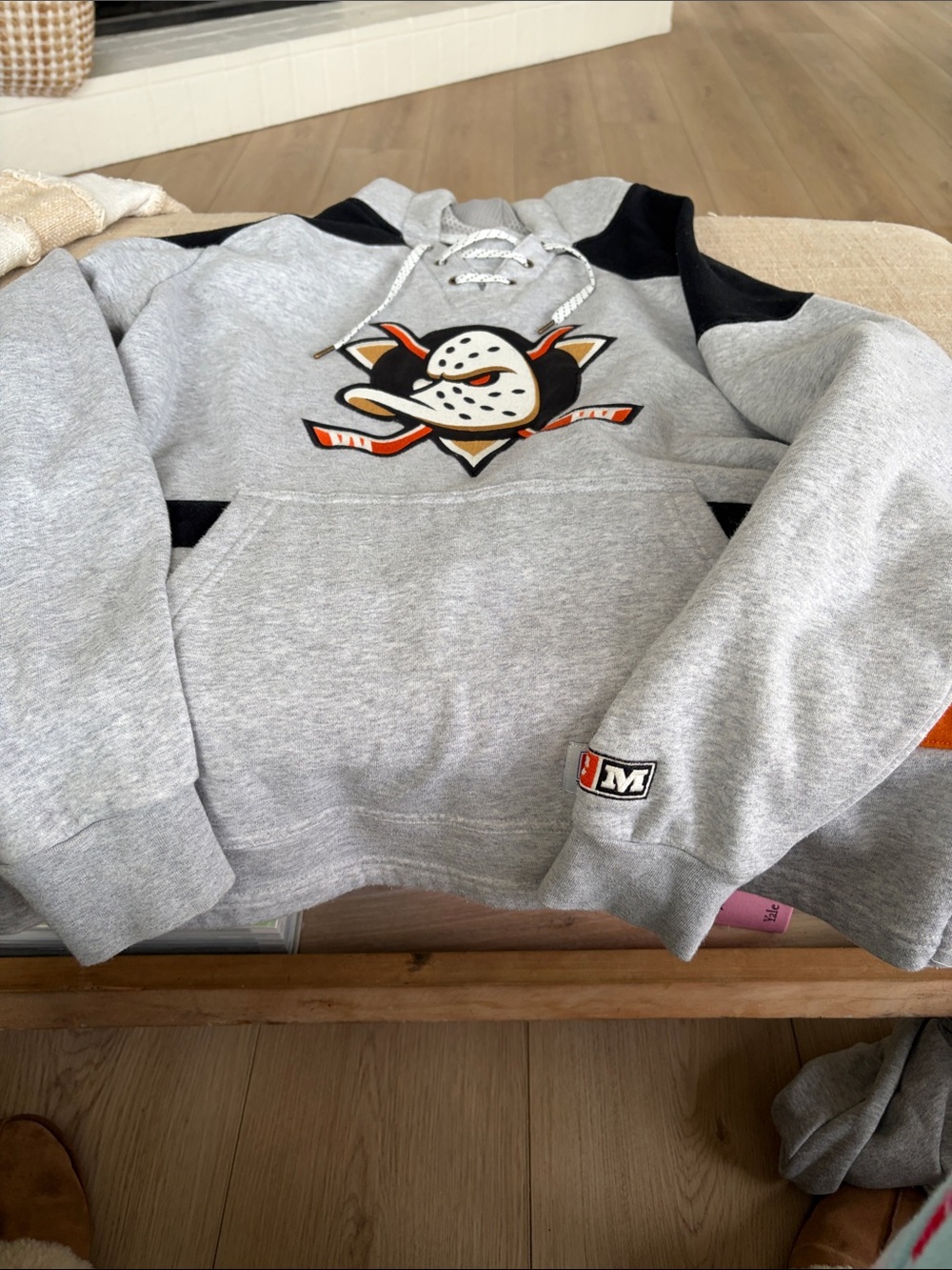 Grey Lace-Up Crewneck Sweatshirt with Mascot Applique